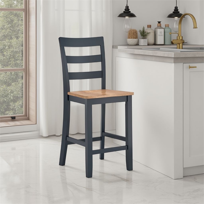 Gasy Counter Height Chair Set of 2- Dark Blue Solid Wood- Brown Seat
