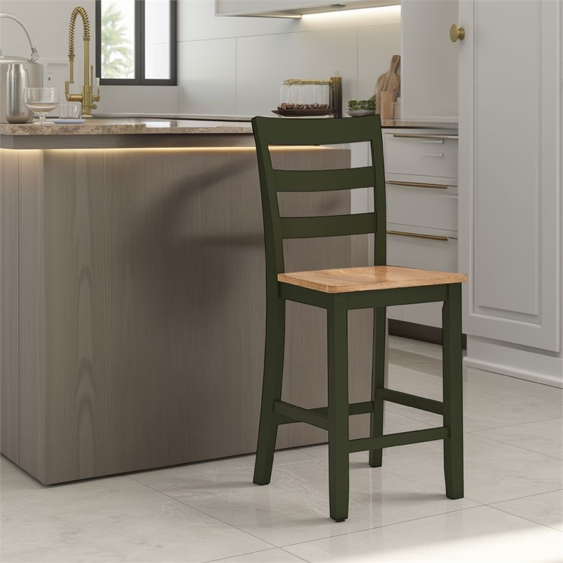 Gasy Counter Height Chair Set of 2- Dark Green Solid Wood- Brown Seat