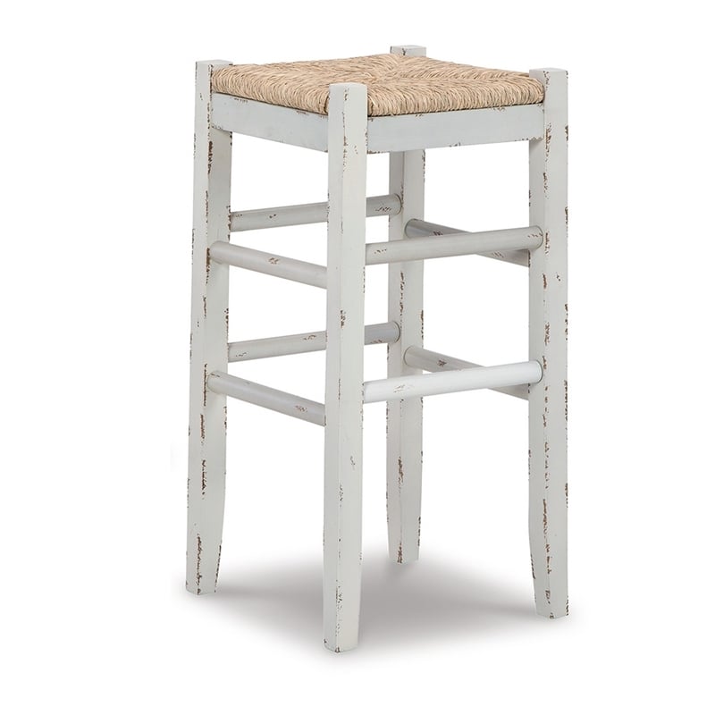 Anya Bar Height Stool Set of 2- Brown Woven Seat- 30 Inch Rustic White