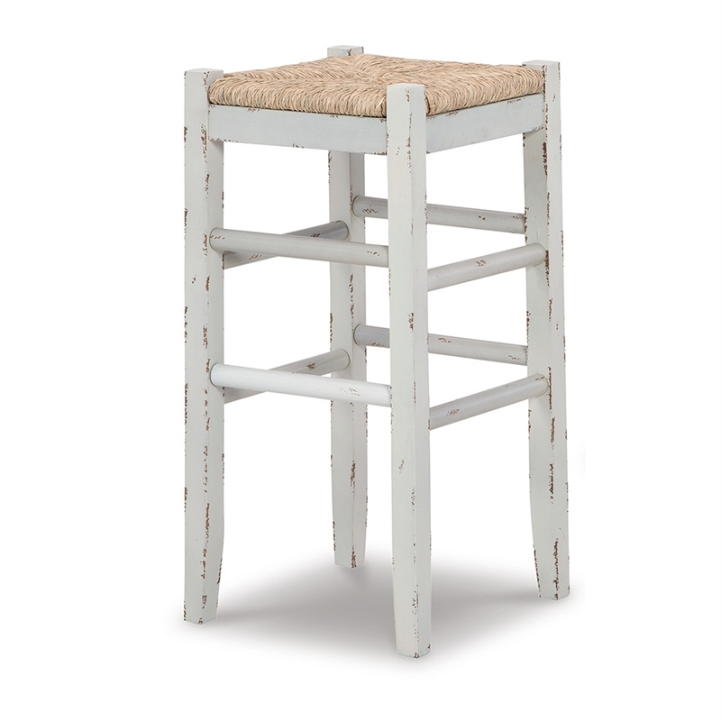 Anya Bar Height Stool Set of 2- Brown Woven Seat- 30 Inch Rustic White