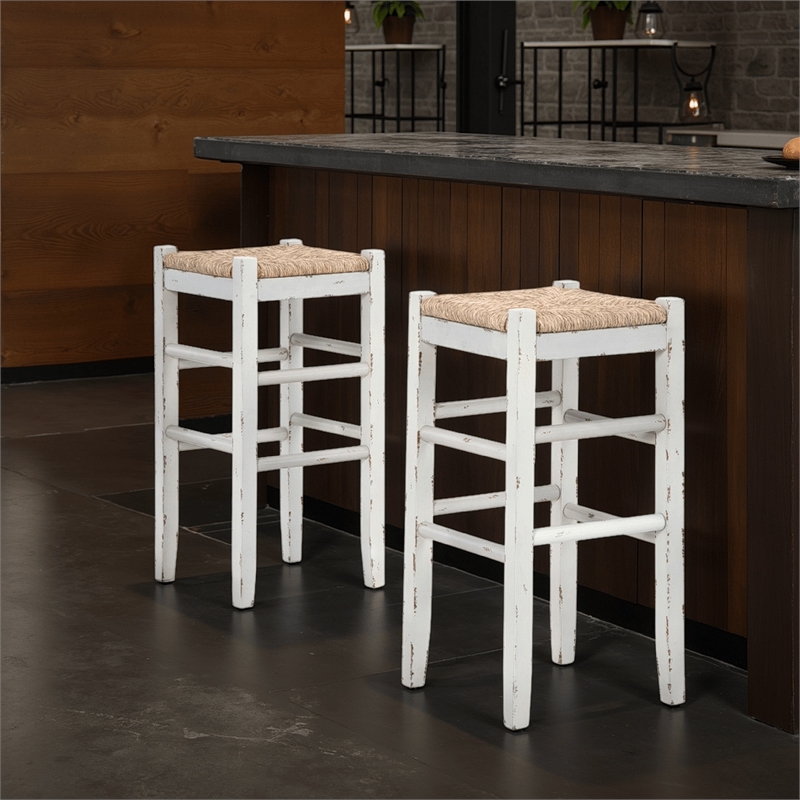 Anya Bar Height Stool Set of 2- Brown Woven Seat- 30 Inch Rustic White