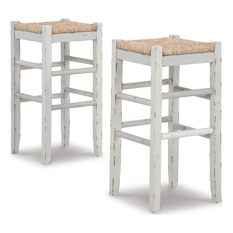 Anya Bar Height Stool Set of 2- Brown Woven Seat- 30 Inch Rustic White