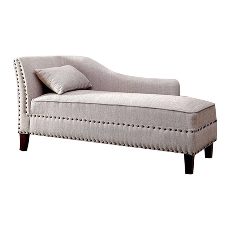 Fabric Upholstered Chaise with Pillow and Nailhead Trim- Light Gray