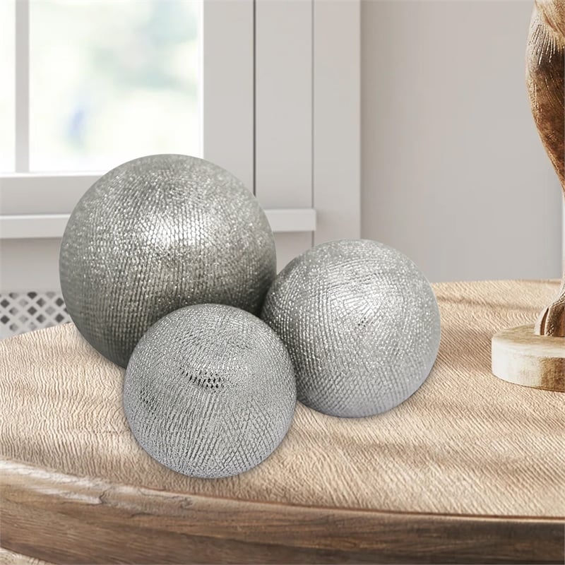 Decorative Ceramic Orbs with Textured Design- Silver- Set of Three
