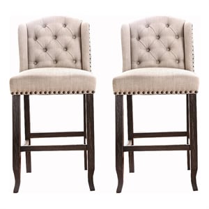 Button Tufted Fabric Upholstered Wooden Bar Chair- Beige and Black- Set of Two