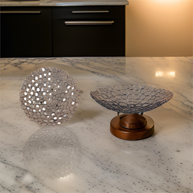 Decorative Metal Tray Set of 2 with Mesh Design and Ball Support-Gold and Black