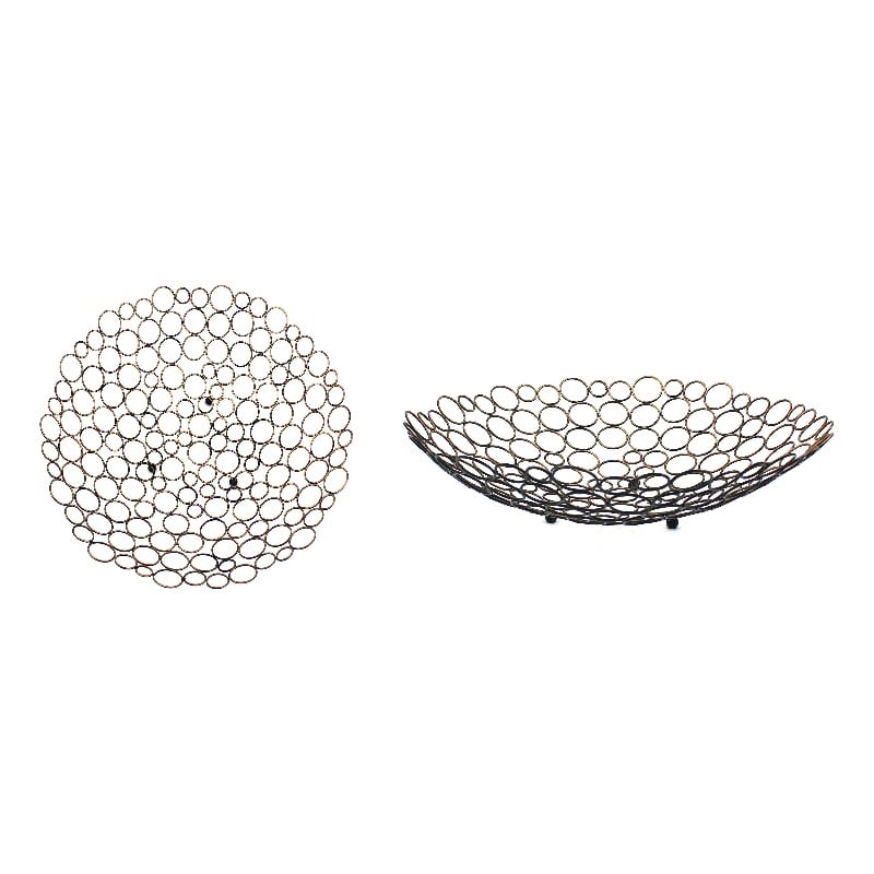 Decorative Metal Tray Set of 2 with Mesh Design and Ball Support-Gold and Black