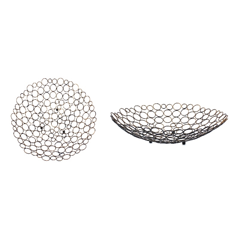 Decorative Metal Tray Set of 2 with Mesh Design and Ball Support-Gold and Black