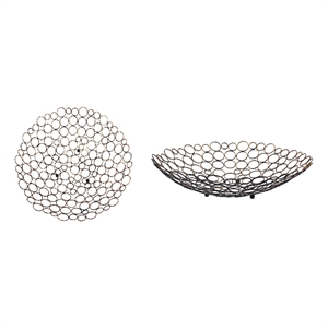 Decorative Metal Tray Set of 2 with Mesh Design and Ball Support-Gold and Black