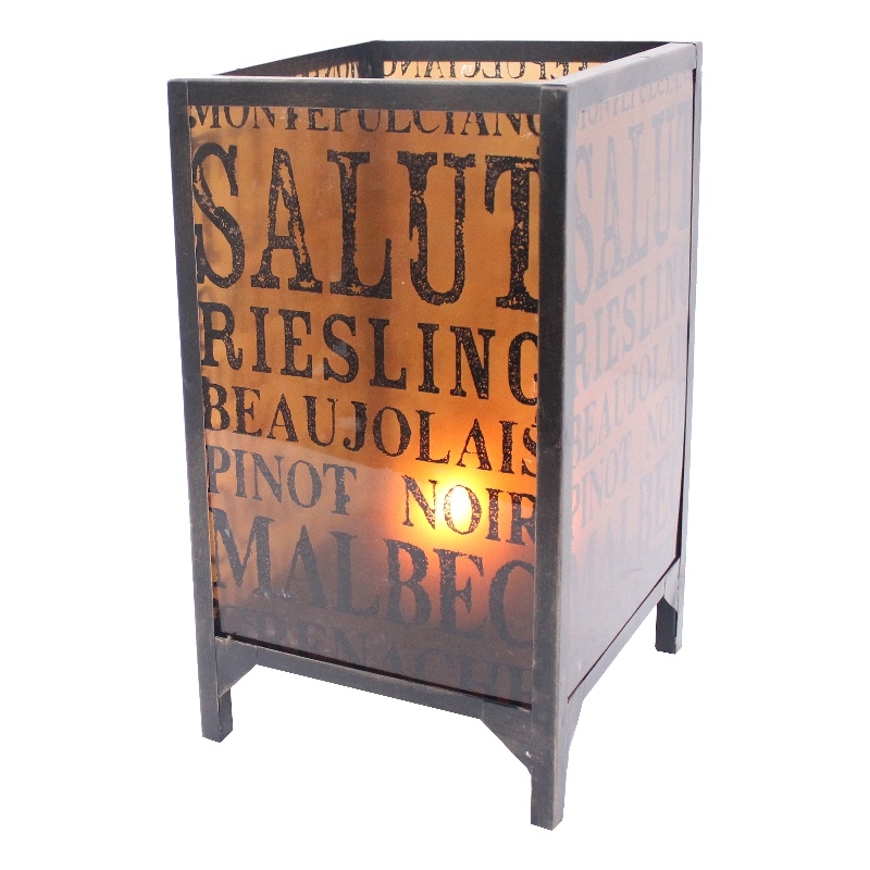 Cuboidal Metal and Glass Candleholder with Typography- Black and Clear
