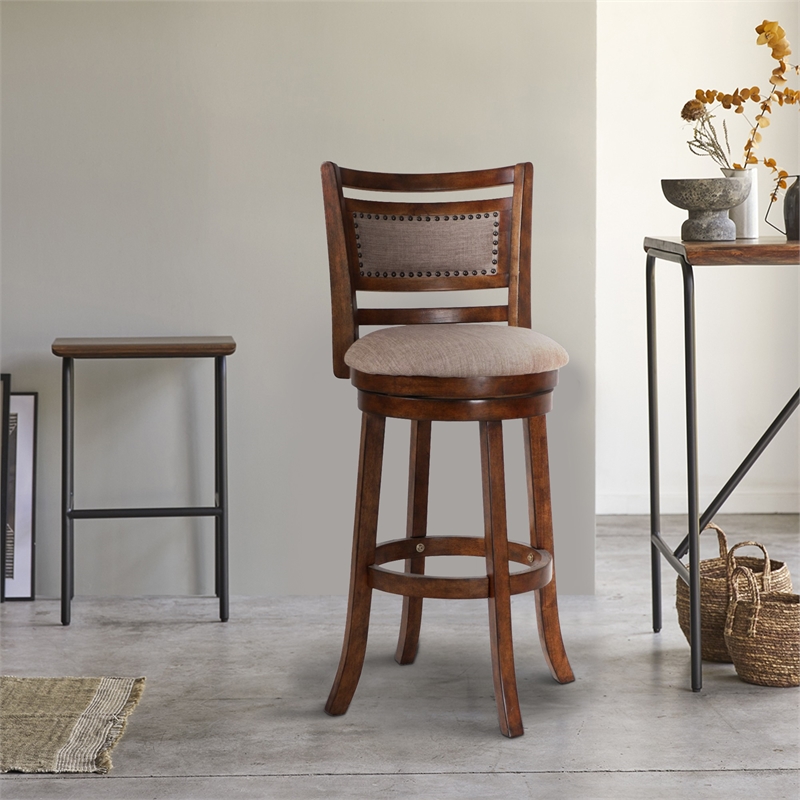 Curved Swivel Barstool with Fabric Padded Seating- Brown and Beige