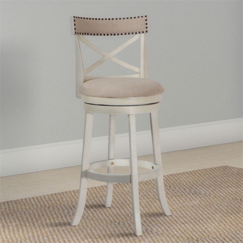 Curved X Shaped Back Swivel Barstool with Fabric Padded Seating- Antique White