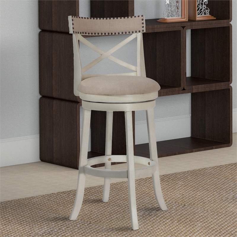 Curved X Shaped Back Swivel Barstool with Fabric Padded Seating- Antique White