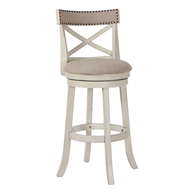 Curved X Shaped Back Swivel Barstool with Fabric Padded Seating- Antique White
