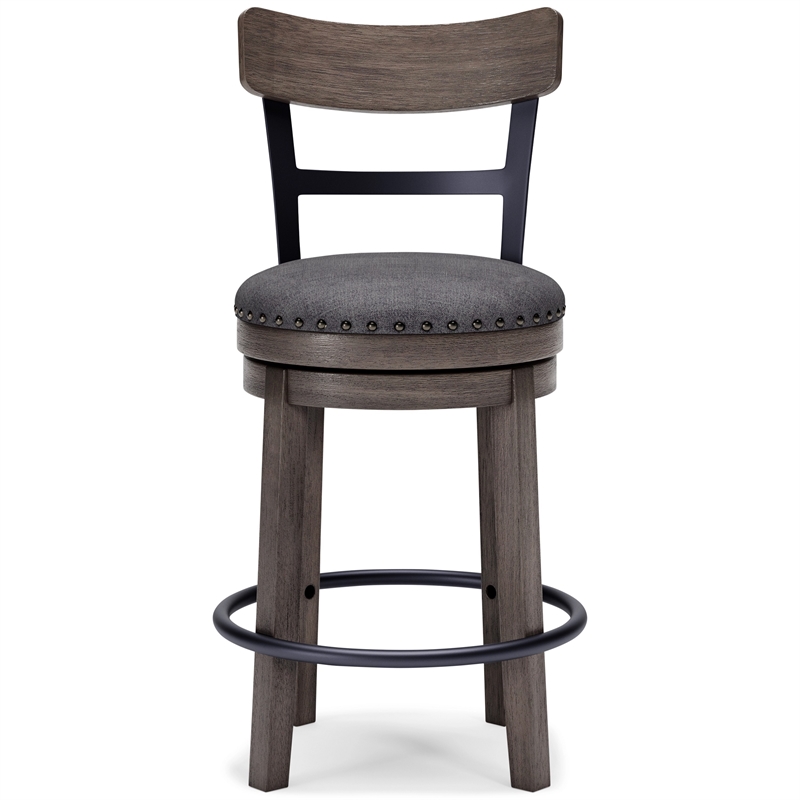 Swivel Barstool with Nailhead Trim and Curved Panel Back- Gray