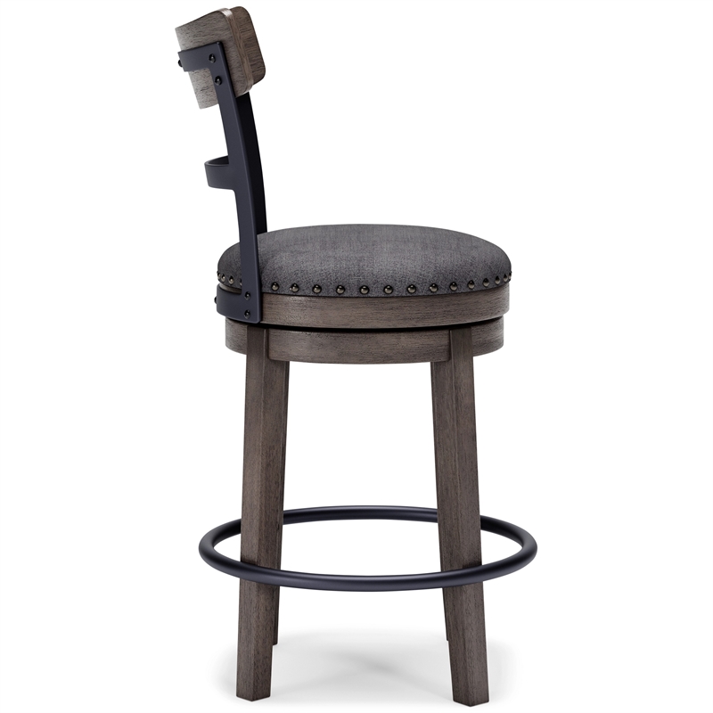 Swivel Barstool with Nailhead Trim and Curved Panel Back- Gray