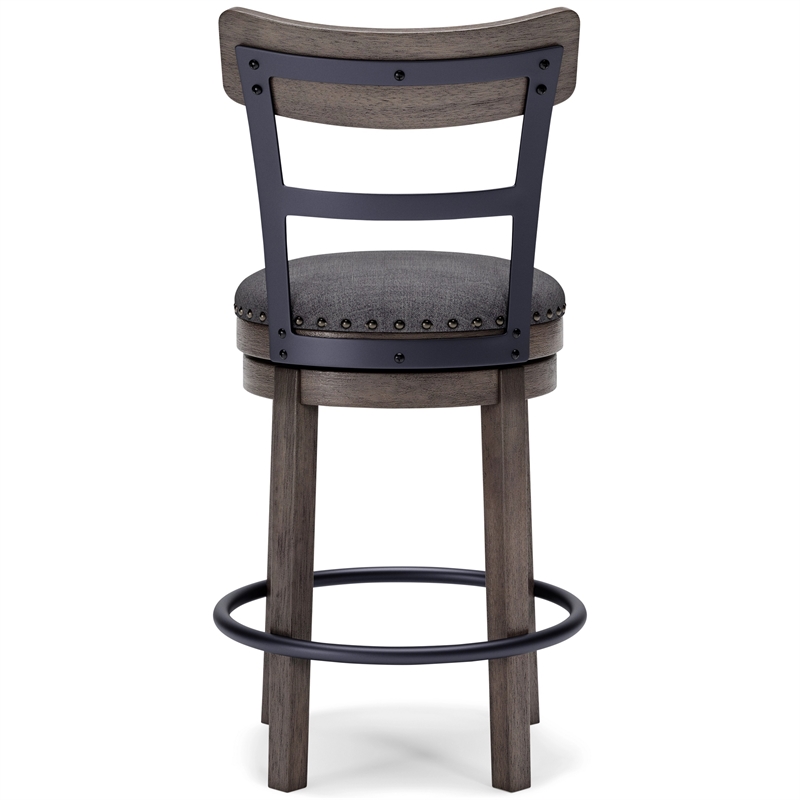 Swivel Barstool with Nailhead Trim and Curved Panel Back- Gray