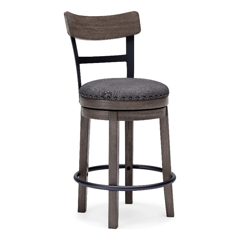 Swivel Barstool with Nailhead Trim and Curved Panel Back- Gray
