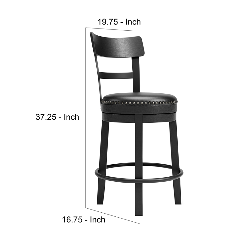 Solid Wood Counter Height Barstool- 360 Degree Swivel- Leatherette Seat- Black