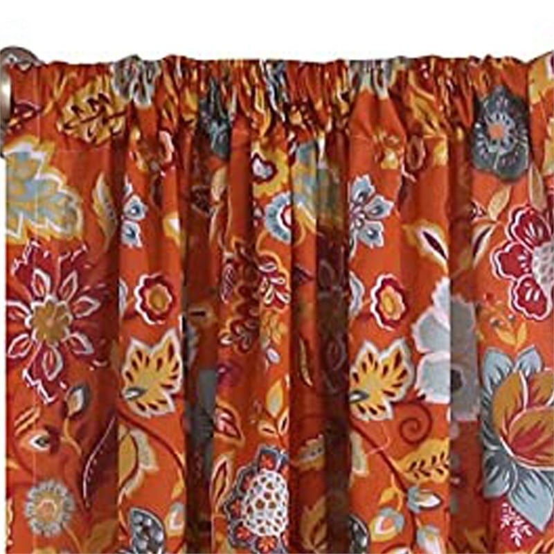 Paris 4 Piece Floral Print Fabric Curtain Panel with Ties- Orange