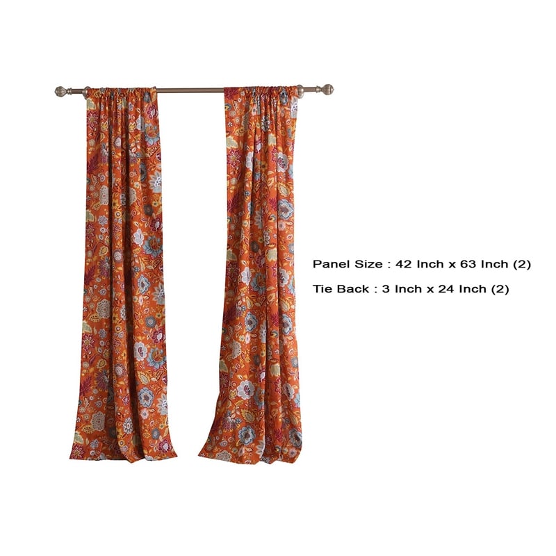 Paris 4 Piece Floral Print Fabric Curtain Panel with Ties- Orange