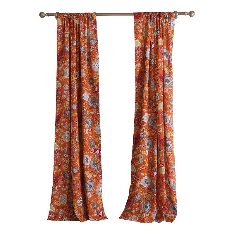 Paris 4 Piece Floral Print Fabric Curtain Panel with Ties- Orange