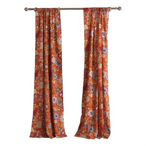 Paris 4 Piece Floral Print Fabric Curtain Panel with Ties- Orange