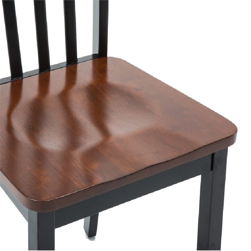 Wooden Seat Dining Chair with Slatted Backrest- Set of 2- Brown and Black