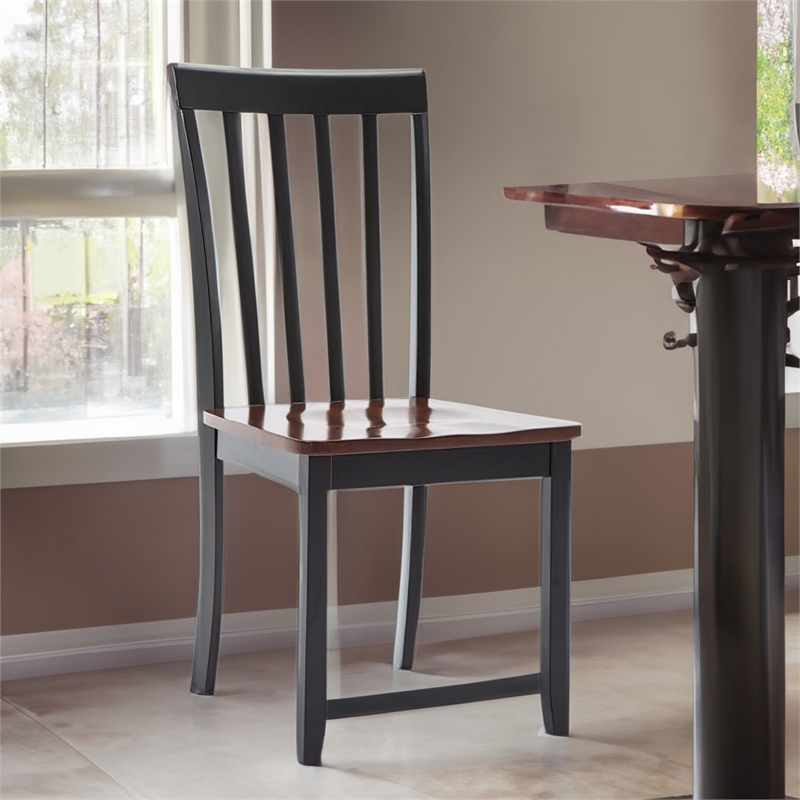 Wooden Seat Dining Chair with Slatted Backrest- Set of 2- Brown and Black