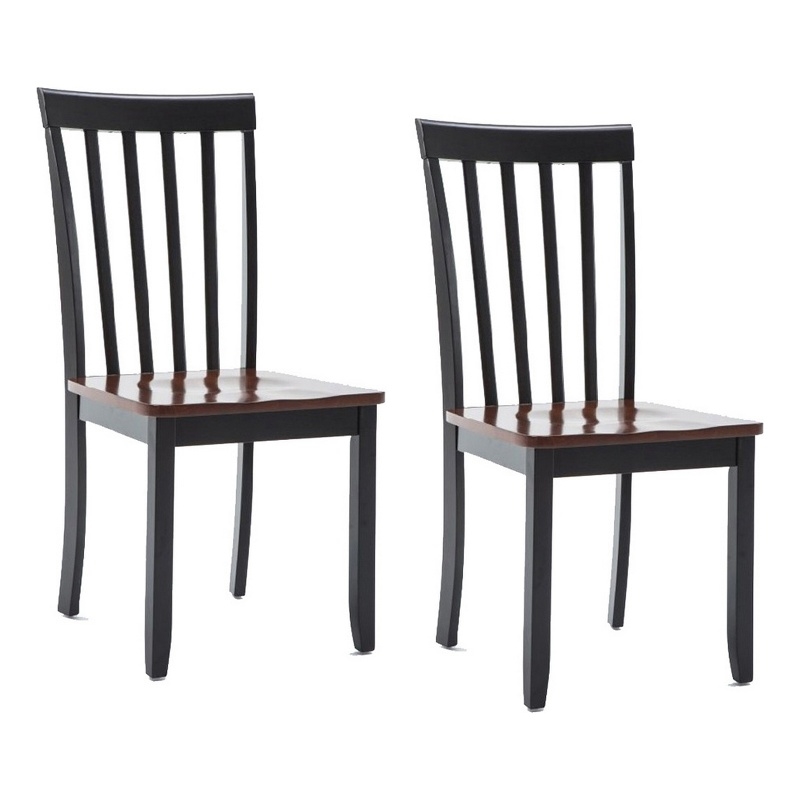 Wooden Seat Dining Chair with Slatted Backrest- Set of 2- Brown and Black