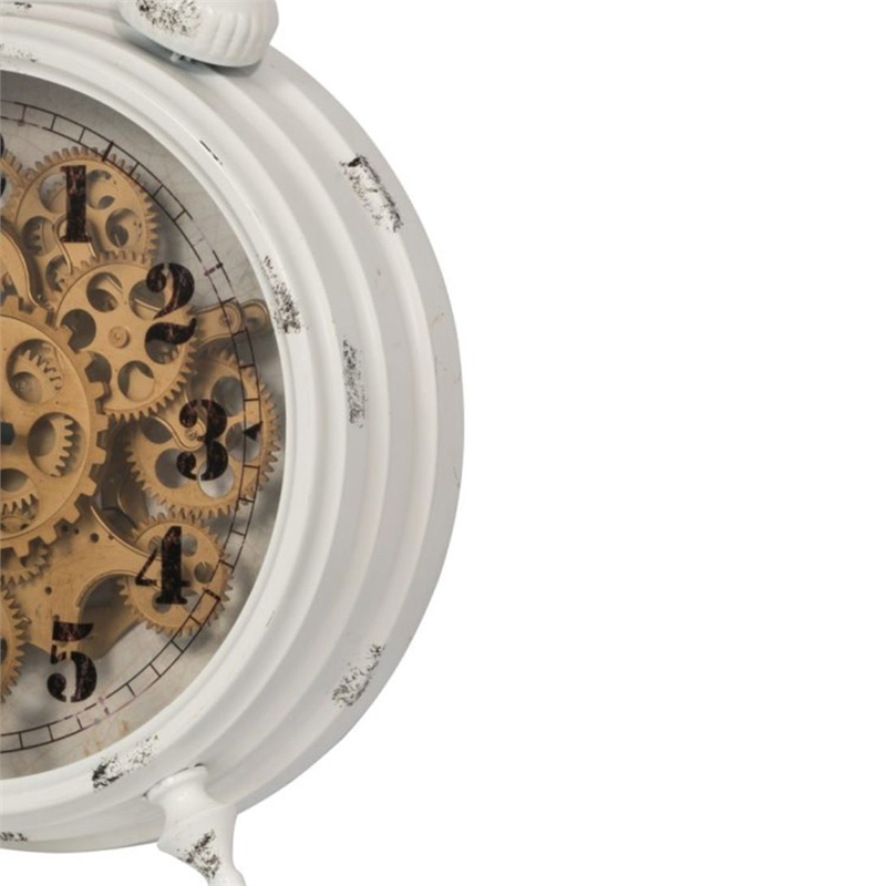 Classic Metal Table Clock with Gears Front Distressed Details- White and Gold
