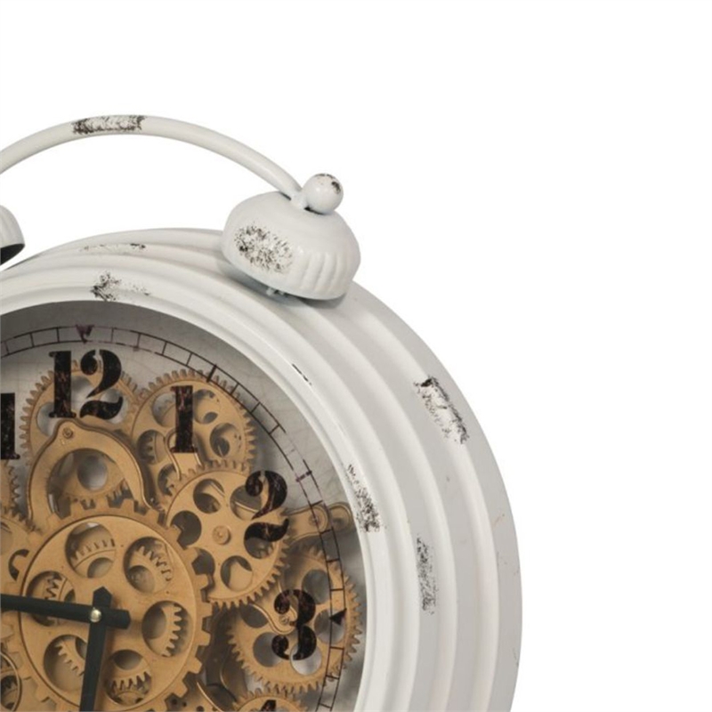 Classic Metal Table Clock with Gears Front Distressed Details- White and Gold