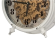 Classic Metal Table Clock with Gears Front Distressed Details- White and Gold
