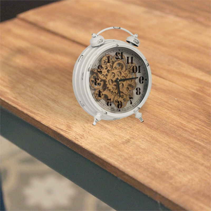 Classic Metal Table Clock with Gears Front Distressed Details- White and Gold