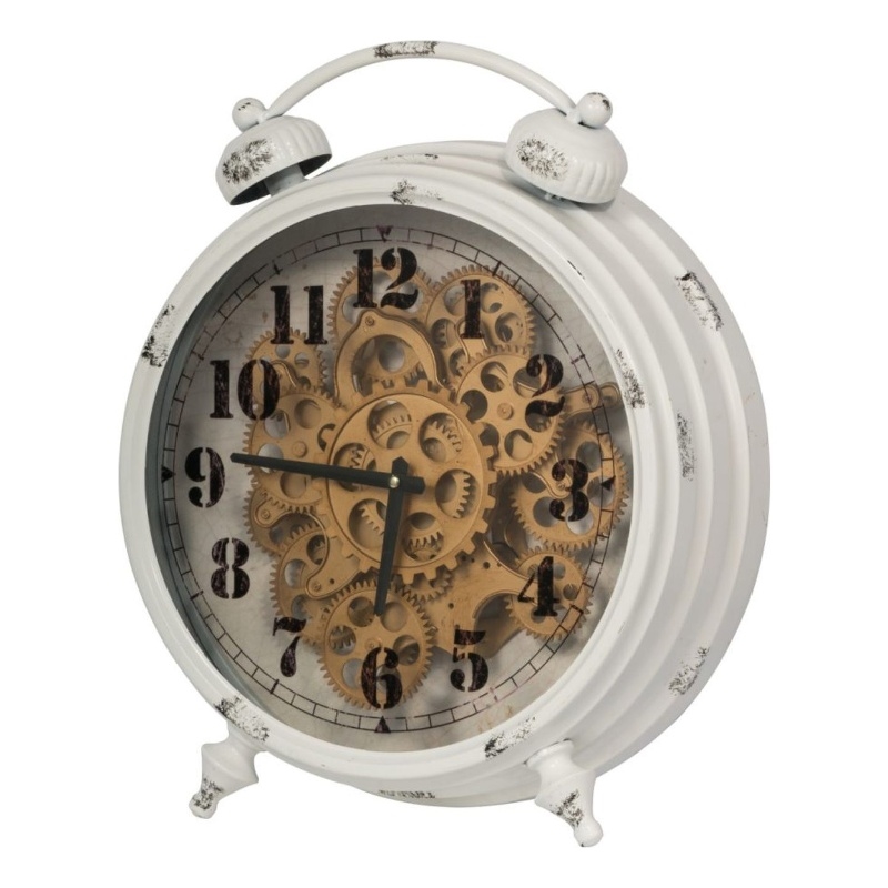 Classic Metal Table Clock with Gears Front Distressed Details- White and Gold