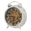 Classic Metal Table Clock with Gears Front Distressed Details- White and Gold