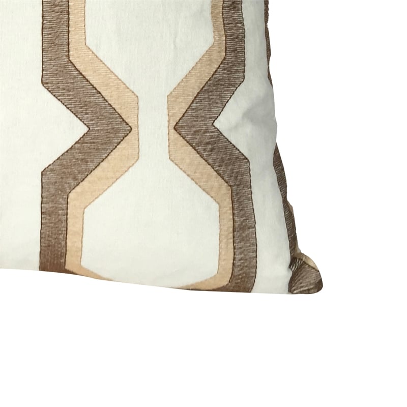 Contemporary Cotton Pillow with Geometric Embroidery- Brown and White