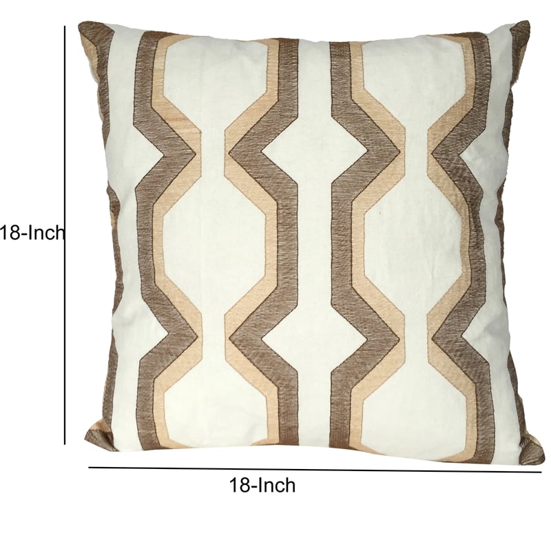 Contemporary Cotton Pillow with Geometric Embroidery- Brown and White