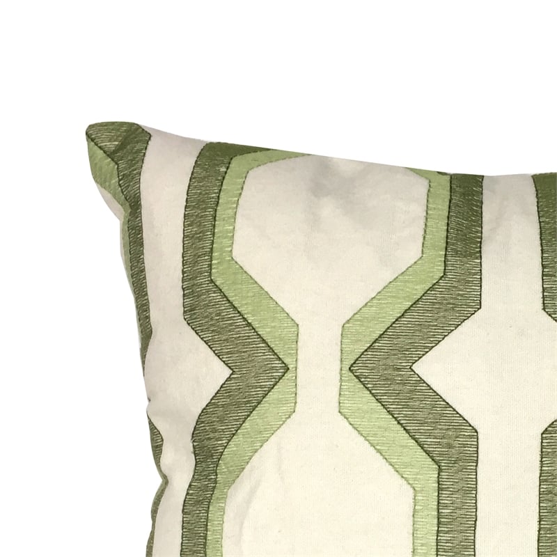 Contemporary Cotton Pillow with Geometric Embroidery- Green and White