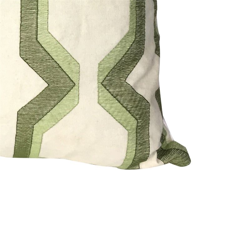 Contemporary Cotton Pillow with Geometric Embroidery- Green and White