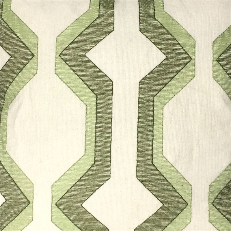 Contemporary Cotton Pillow with Geometric Embroidery- Green and White