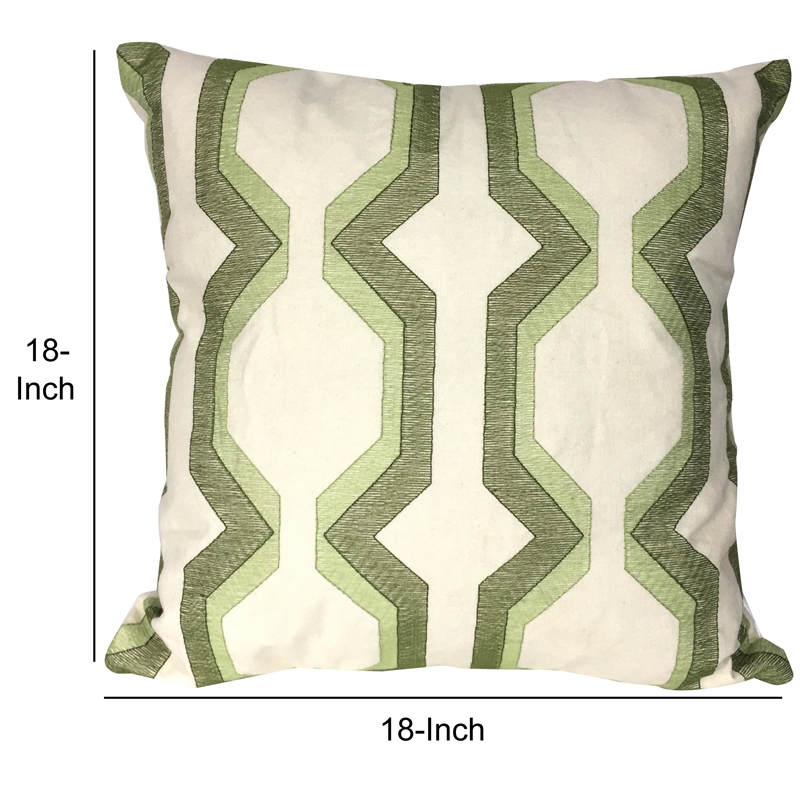 Contemporary Cotton Pillow with Geometric Embroidery- Green and White