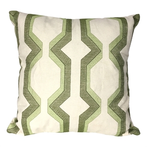 Contemporary Cotton Pillow with Geometric Embroidery- Green and White
