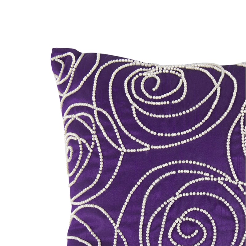 Designer Faux Silk Cotton Pillow with Pearl Beads- Purple and Silver-