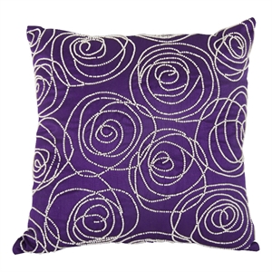 Designer Faux Silk Cotton Pillow with Pearl Beads- Purple and Silver-