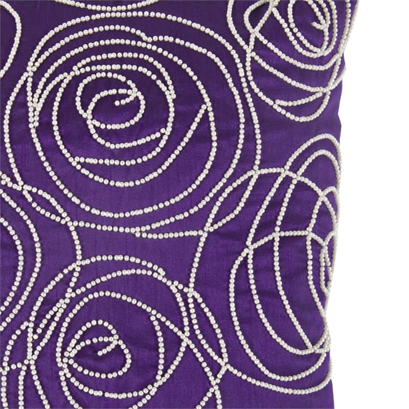 Designer Faux Silk Cotton Pillow with Pearl Beads- Purple and Silver-
