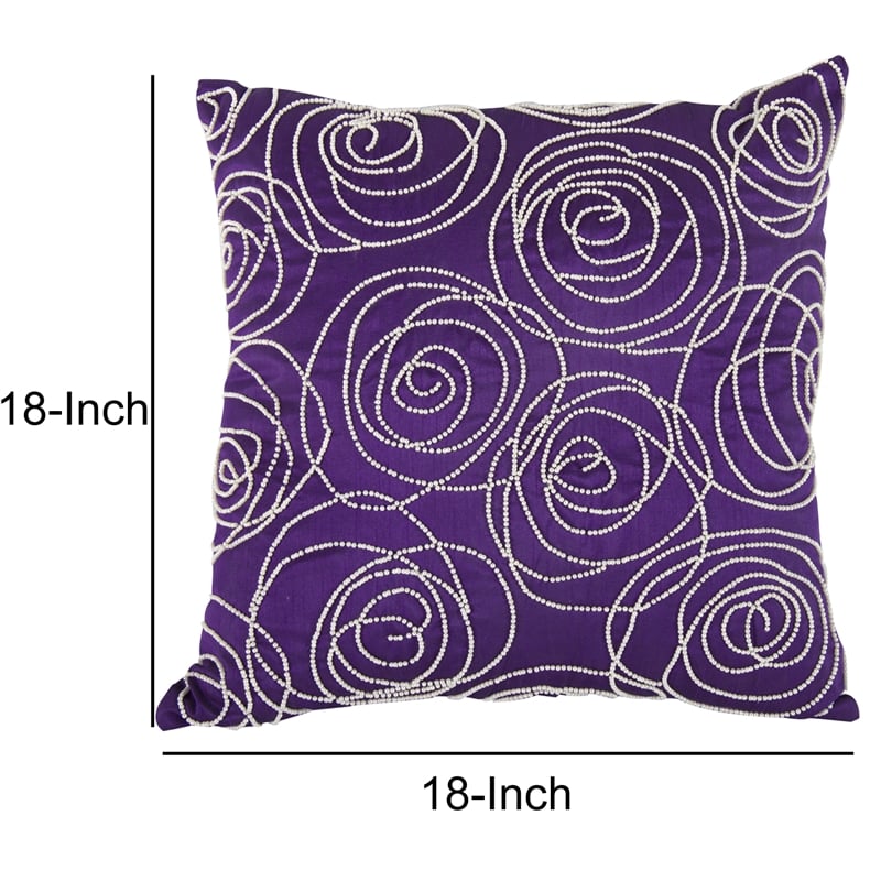 Designer Faux Silk Cotton Pillow with Pearl Beads- Purple and Silver-