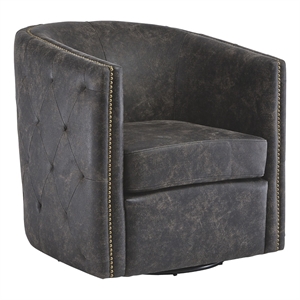 31 Inch Barrel Back Leatherette Swivel Accent Chair- Black