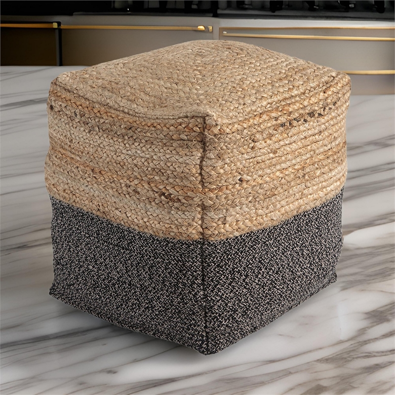 Cube Shape Jute Pouf with Braided Design- Black and Brown