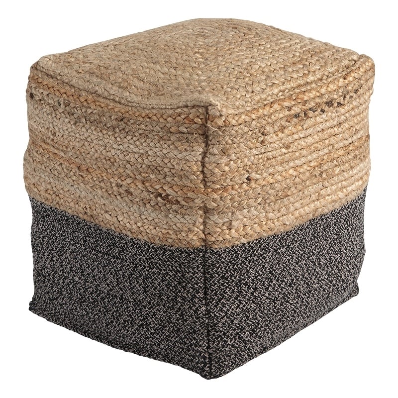 Cube Shape Jute Pouf with Braided Design- Black and Brown